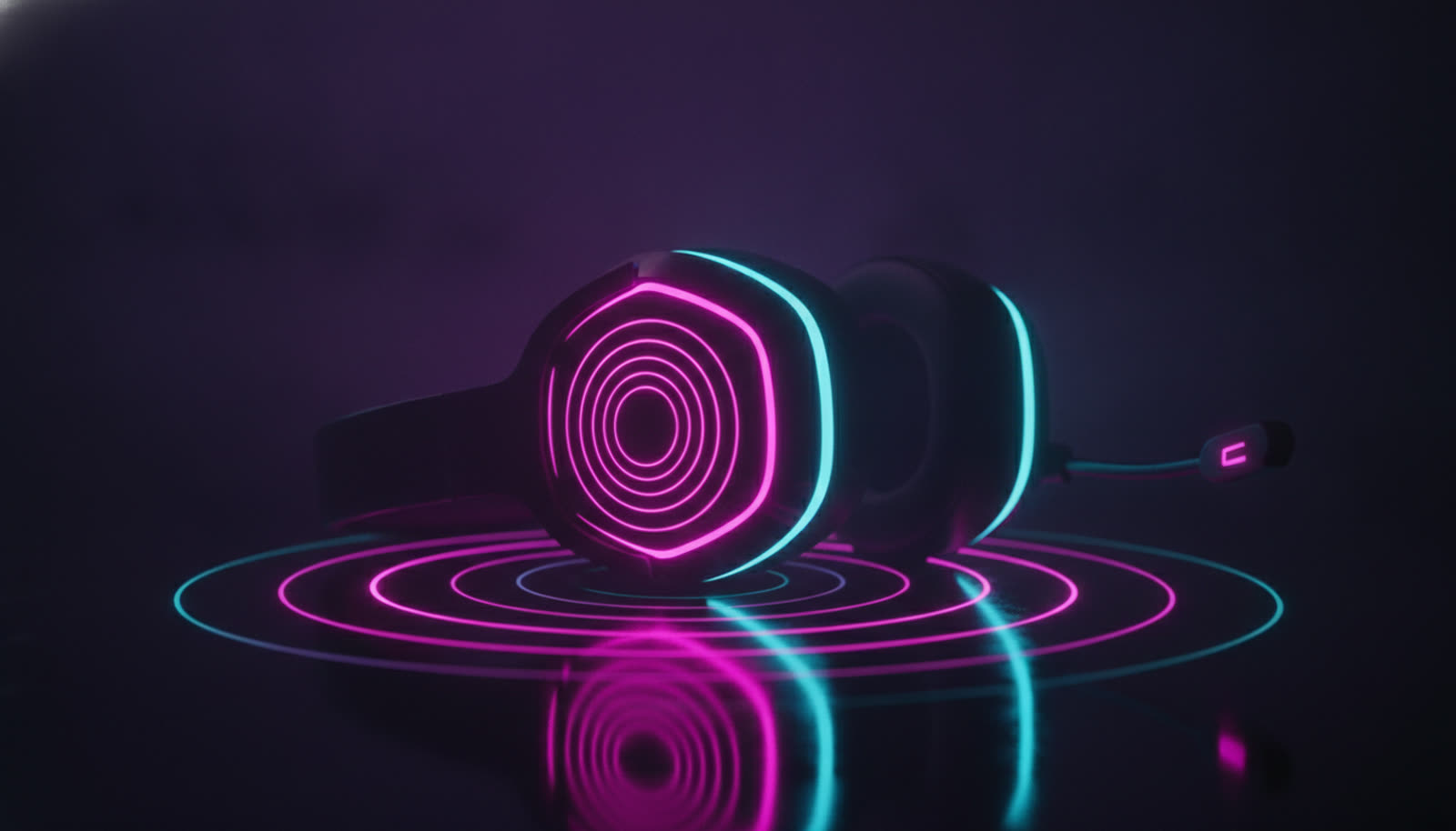 Gaming headset with neon soundwave rings rippling outward