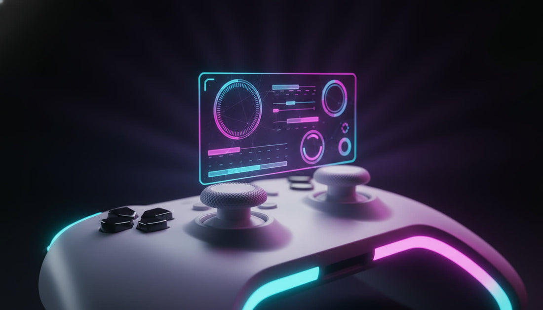 Pro controller with holographic settings sliders floating above it