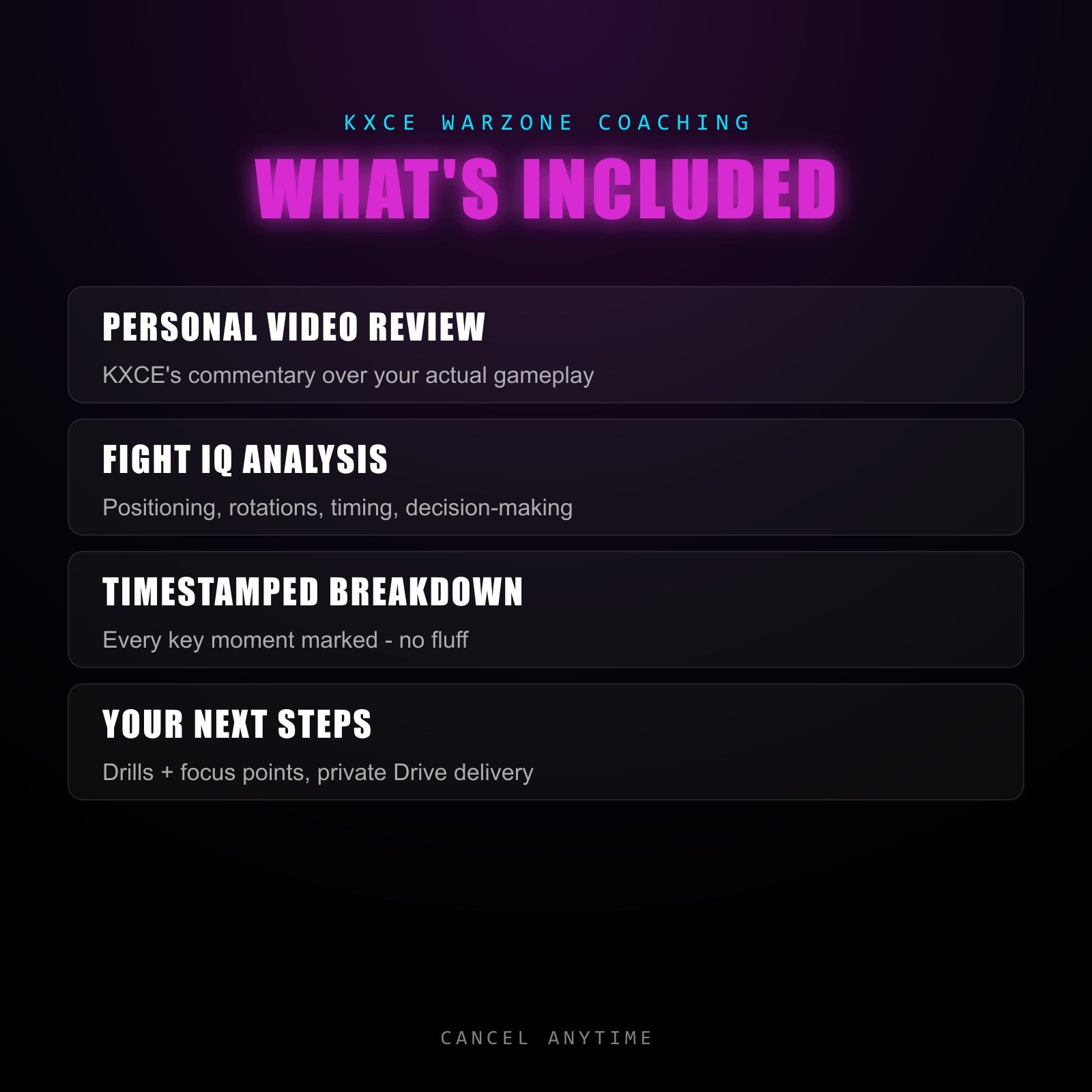What's included: personal video review, fight IQ analysis, timestamped breakdown, next steps
